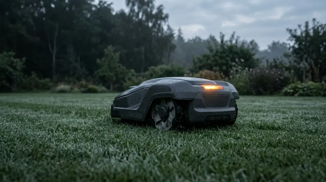 Umærket grå robotplæneklipper med ravgul statusdiode står på en dugvåd græsplæne i en dansk have ved daggry