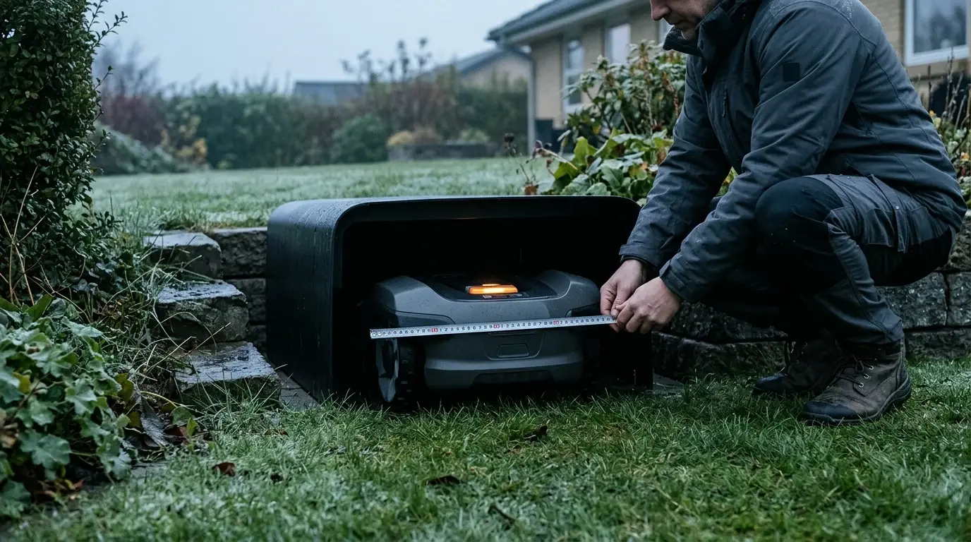 Person måler bredden på en robotplæneklipper med tommestok, mens den holder i sin sorte garage i en frostklar have