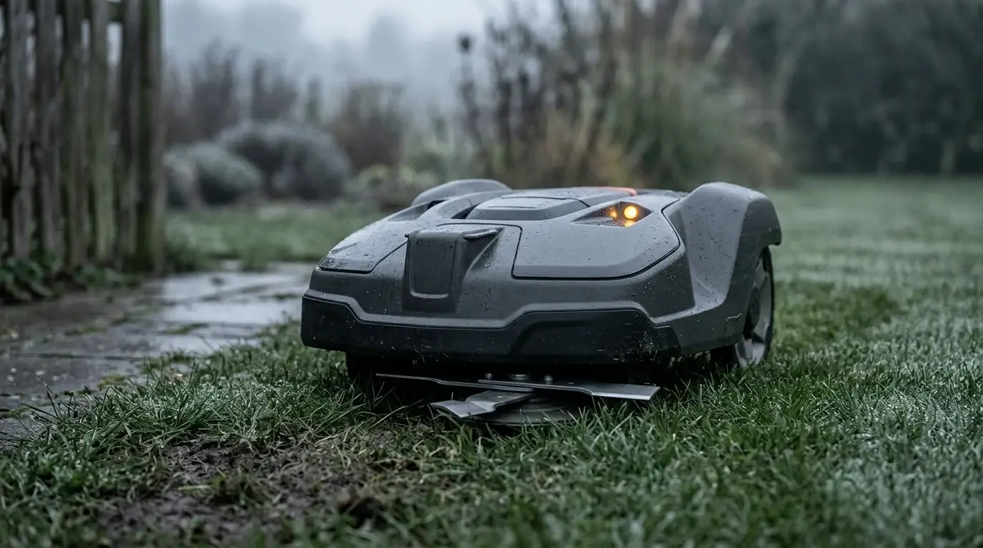 Grå robotplæneklipper på våd græsplæne i tåget dansk have med knivdisken og de tre knivblade synlige under maskinen