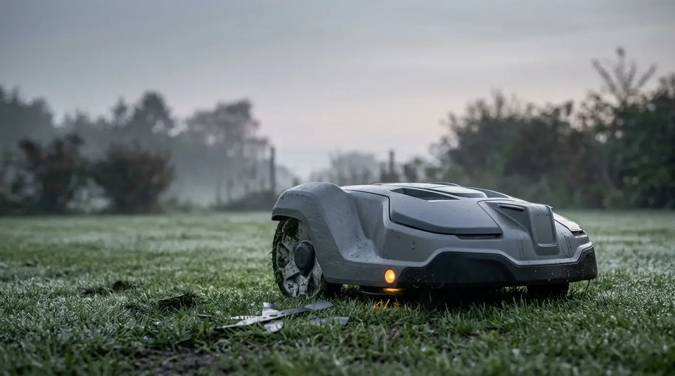 Worx Landroid robotplæneklipper vendt om på en flise med knivdisken synlig og nye reserveknive lagt frem ved siden af