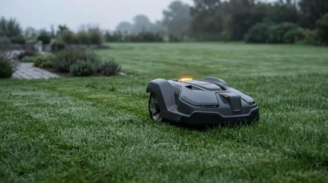 Grå robotplæneklipper midt på en stor, åben græsplæne med lavendelbed og bræddesti langs kanten i diset morgenlys