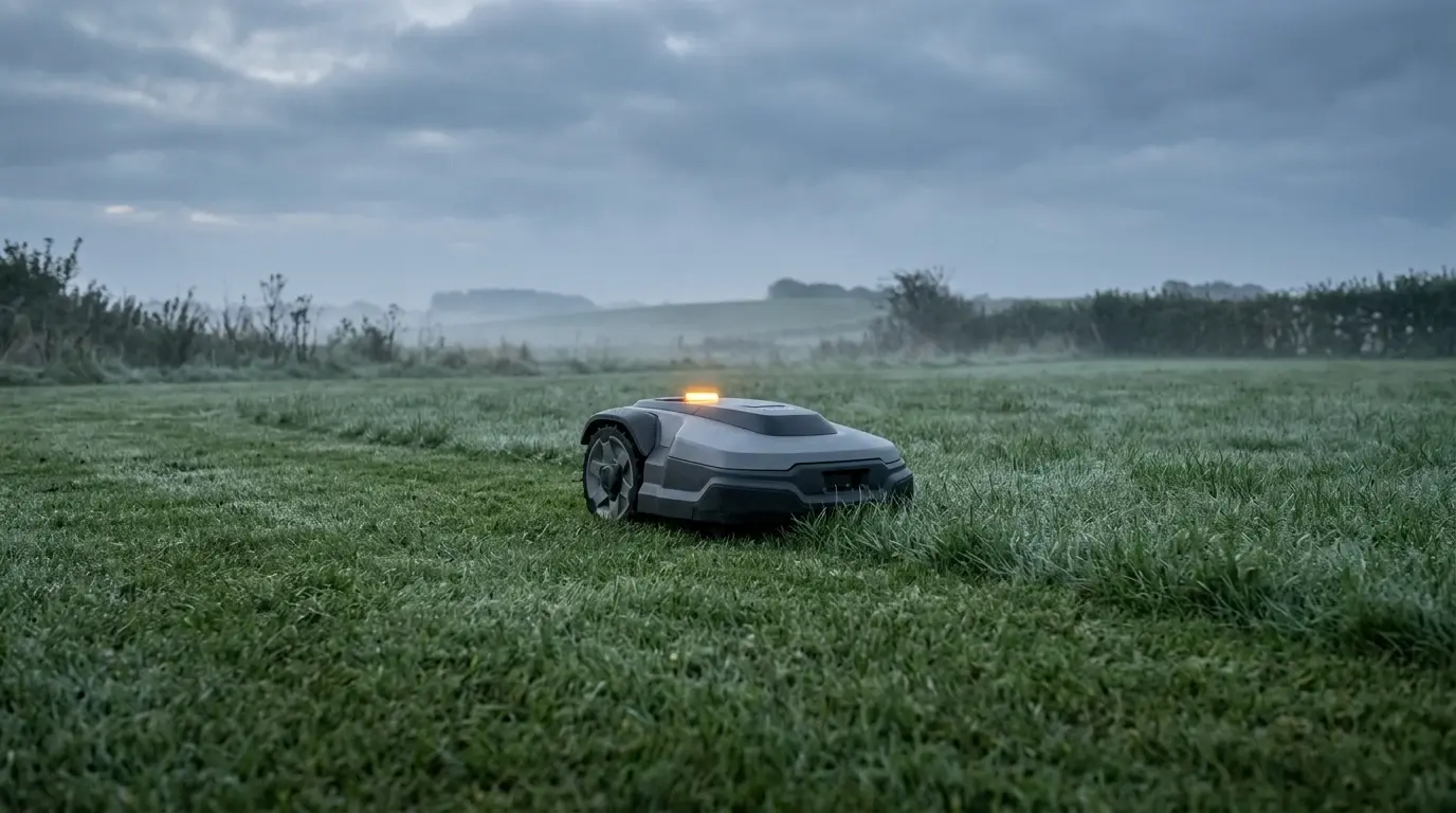 Robotplæneklipper med lysende ravgul antennemodul på taget midt på en stor, åben plæne under en overskyet himmel
