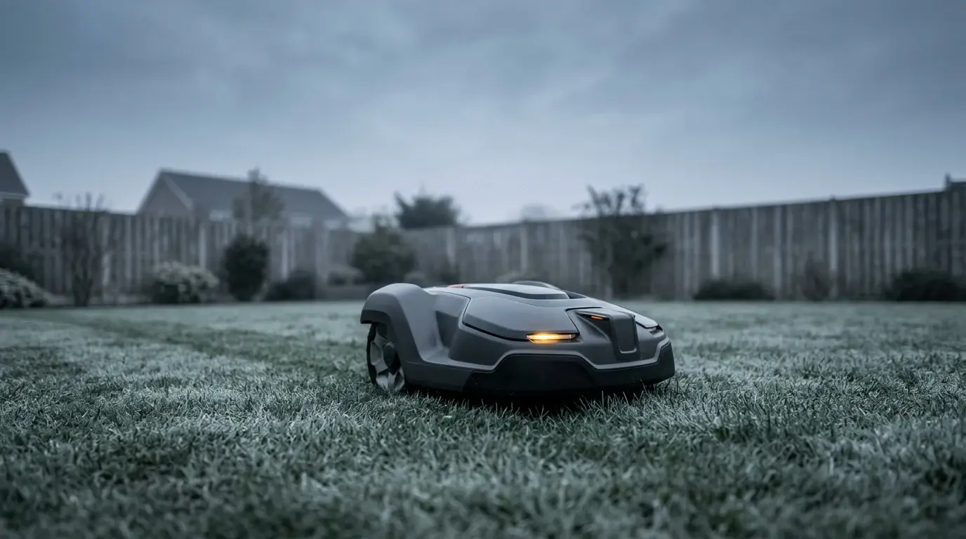 Kompakt robotplæneklipper på en lille, hegnsomkranset parcelhusplæne med nabohuse i tågen bagved